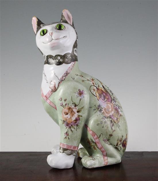 A Galle faience model of a seated cat, late 19th century, height 33cm (13in.)